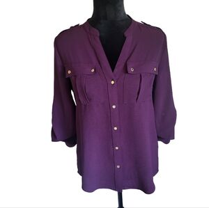 Calvin Klein eggplant purple long roll tab sleeve v neck top with buttons xsmall